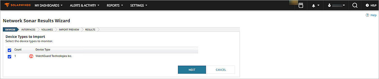 Screenshot of SolarWinds Network Sonar Results wizard Devices page