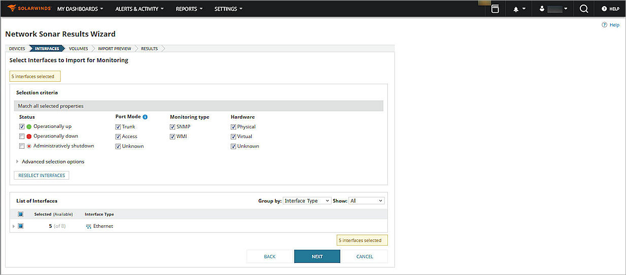 Screenshot of SolarWinds Network Sonar Results wizard Interfaces page