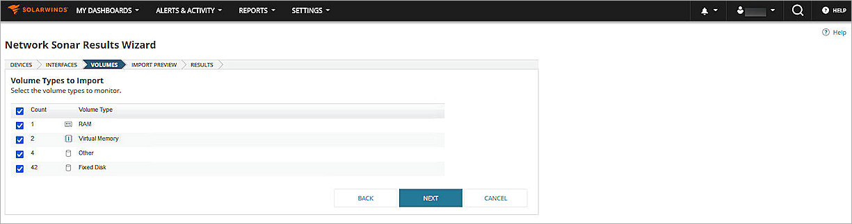 Screenshot of SolarWind Network Sonar Results wizard Volumes page