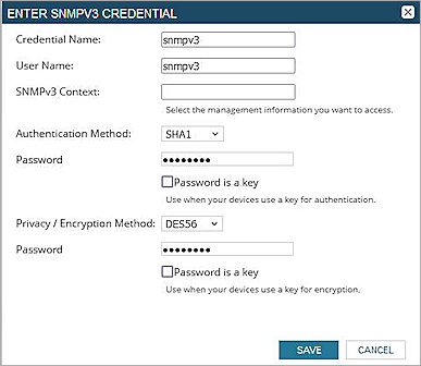 Screenshot of SolarWinds Enter SNMPV3 Credentials dialog box