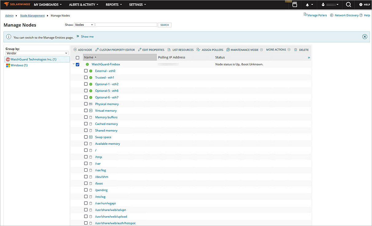 Screenshot of Solarwinds Manage Nodes page