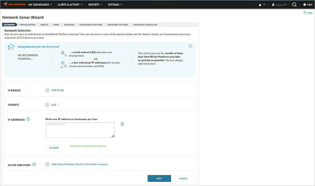 Screenshot of SolarWinds, Network Sonar wizard Network page