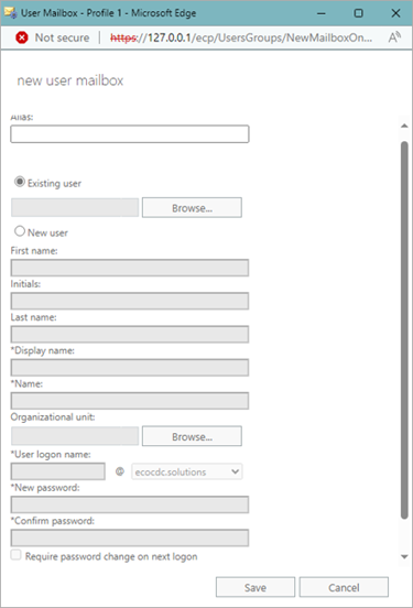Screenshot of the Microsoft Exchange add user mailbox page