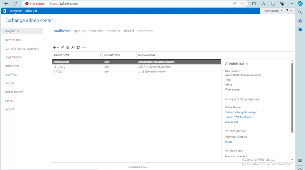 Screenshot of the Microsoft Exchange admin center page
