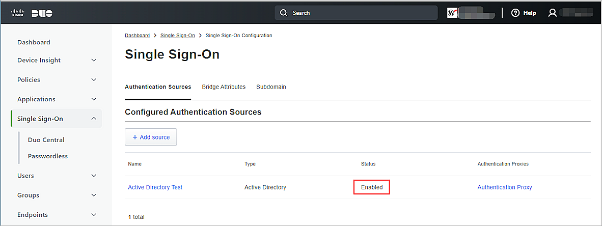 Screenshot of Duo-Single-Sign-On, AD authentication resource