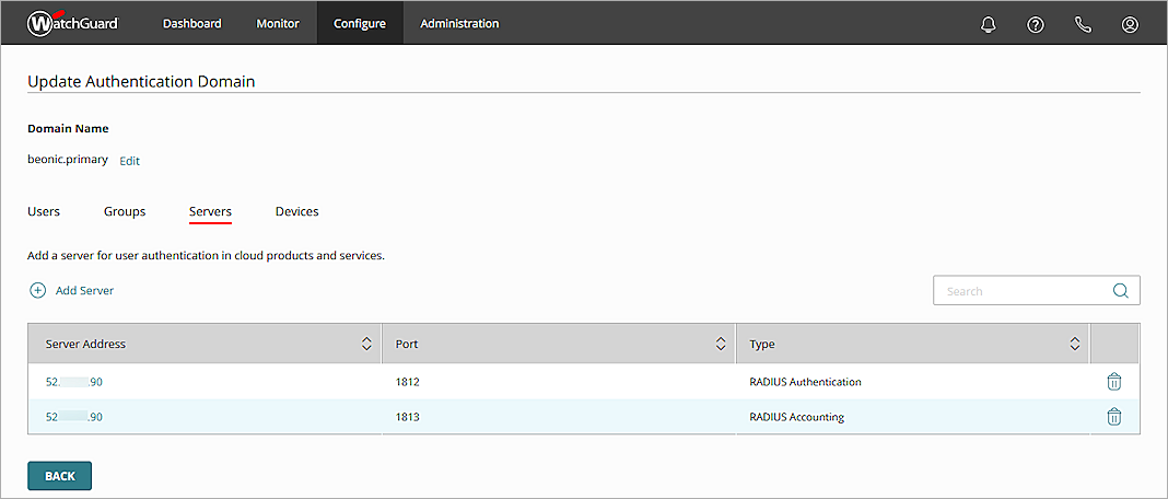 Screenshot of the Authentication Server update page in WatchGuard Cloud