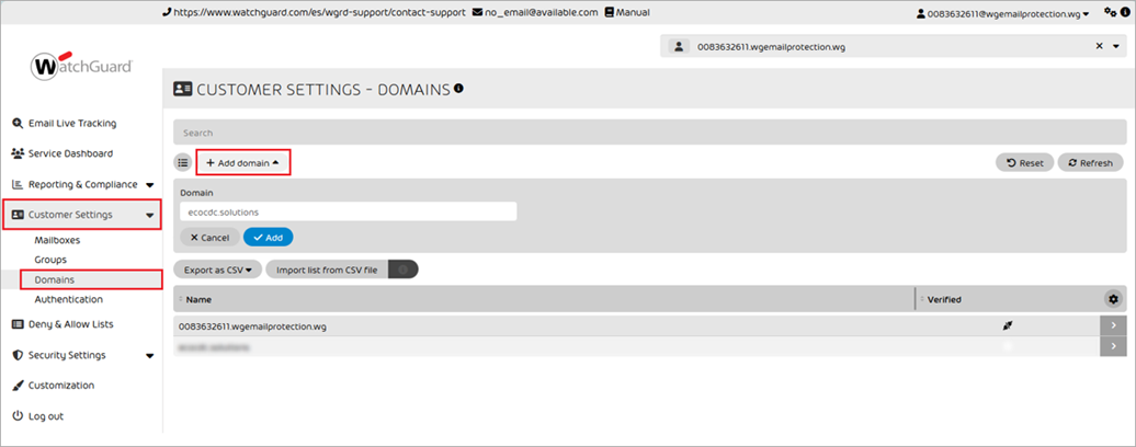 Screenshot of the WatchGuard Email Protection add domain