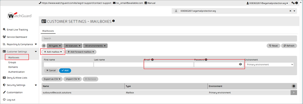 Screenshot of the WatchGuard Email Protection add a mailbox