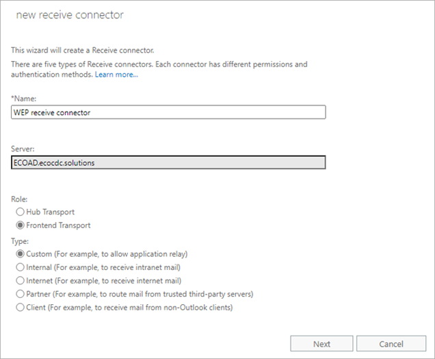 Screenshot of the Microsoft Exchange New Receive Connector page