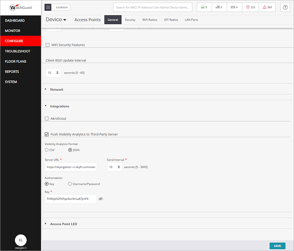 Screen shot of the Third-Party Analytics Server settings in Wi-Fi Cloud Discover