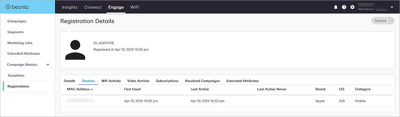 Screenshot of the Device Registration details in Beonic