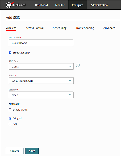 Screenshot of the Add SSID configuration page in WatchGuard Cloud