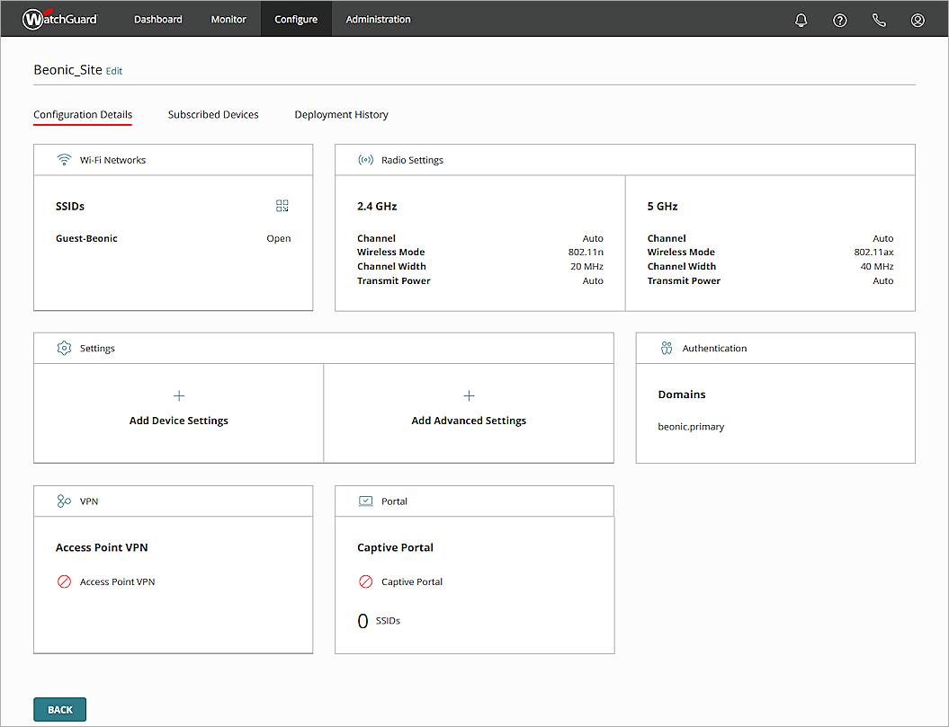 Screenshot of Access Point Site configuration page