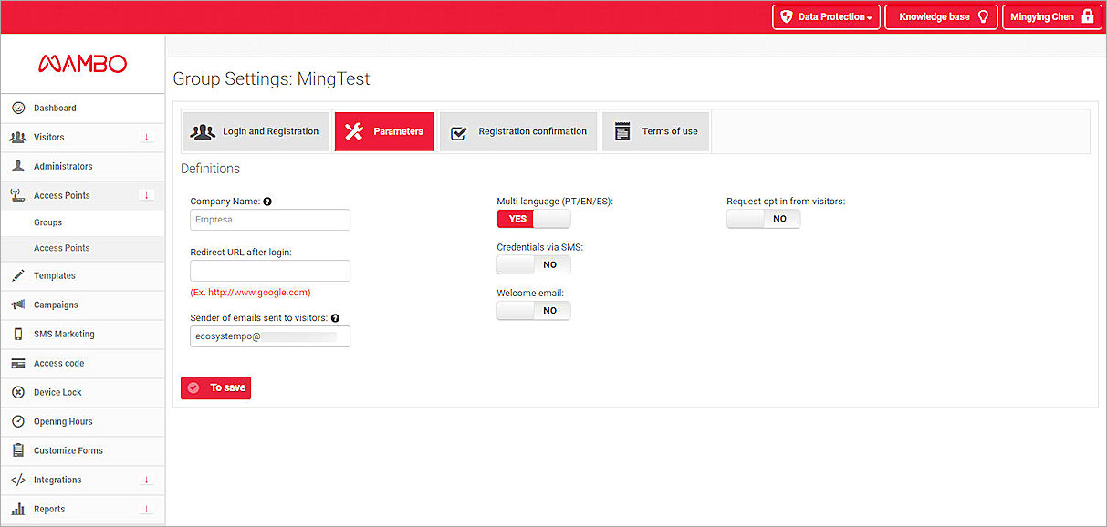 Screenshot of the Mambo Access Point Group - Parameters page