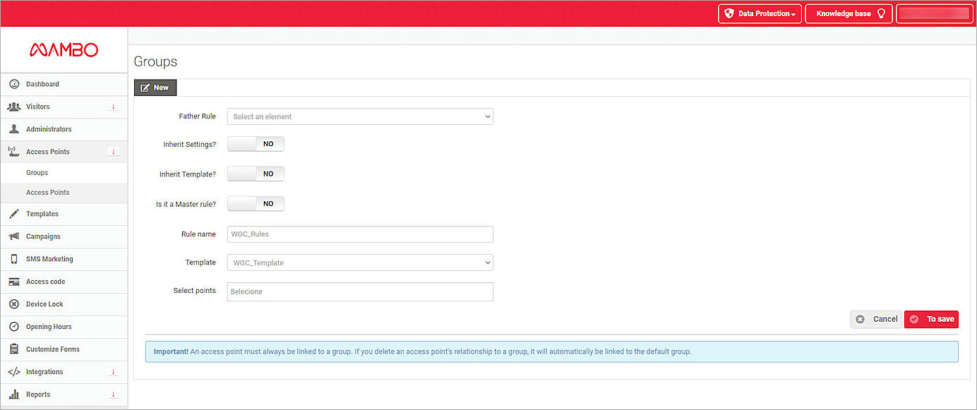 Screenshot of the Mambo Access Point Group template selection page