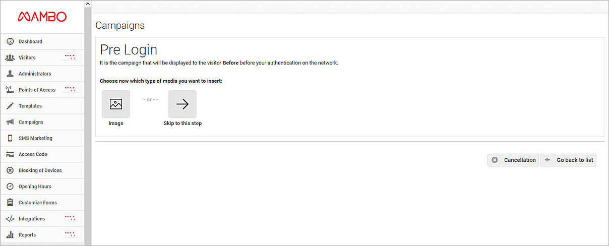 Screenshot of the Mambo Campaigns - Pre Login page