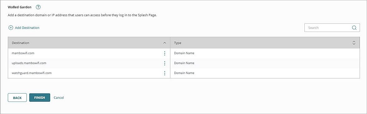 Screenshot of the Captive Portal Walled Garden settings