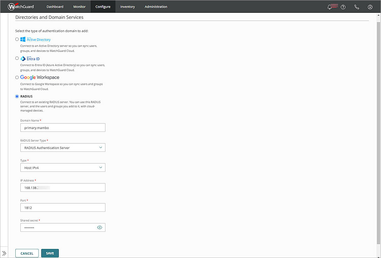 Screenshot of the Authentication Domains RADIUS configuration page