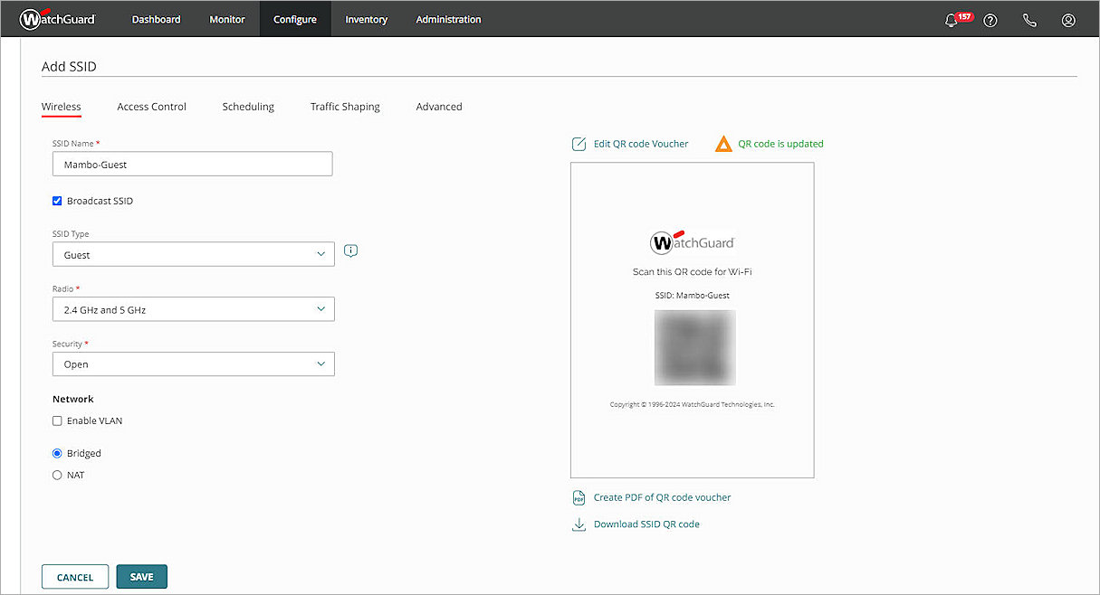 Screenshot of the Add SSID page in WatchGuard Cloud