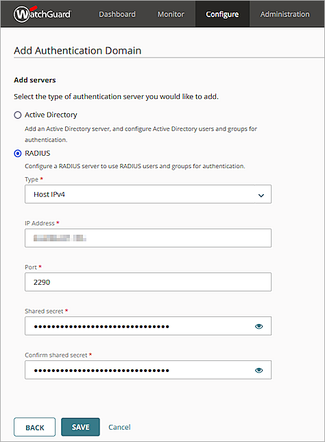 Screenshot of the Add Authentication Domain page in WatchGuard Cloud