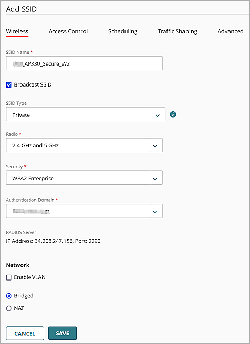 Screenshot of the Add SSID page in an Access Point Site in WatchGuard Cloud