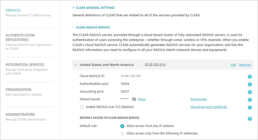 Screenshot of Portnox Clear, add Clear RADIUS server page