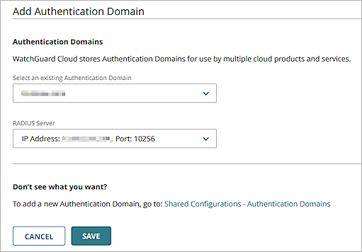 Screenshot of the Add Authentication Domain page in WatchGuard Cloud