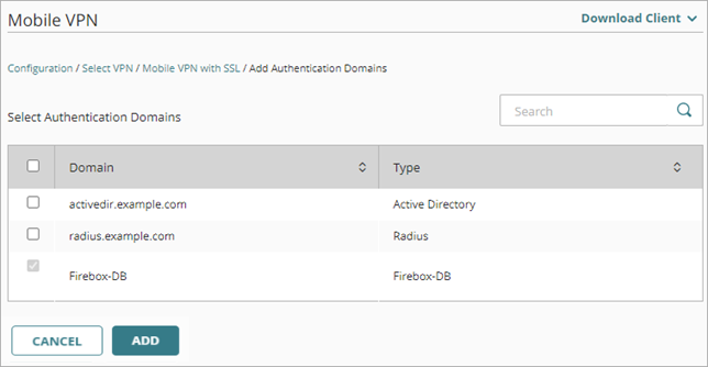 Screen shot of the Select Authentication Domains page