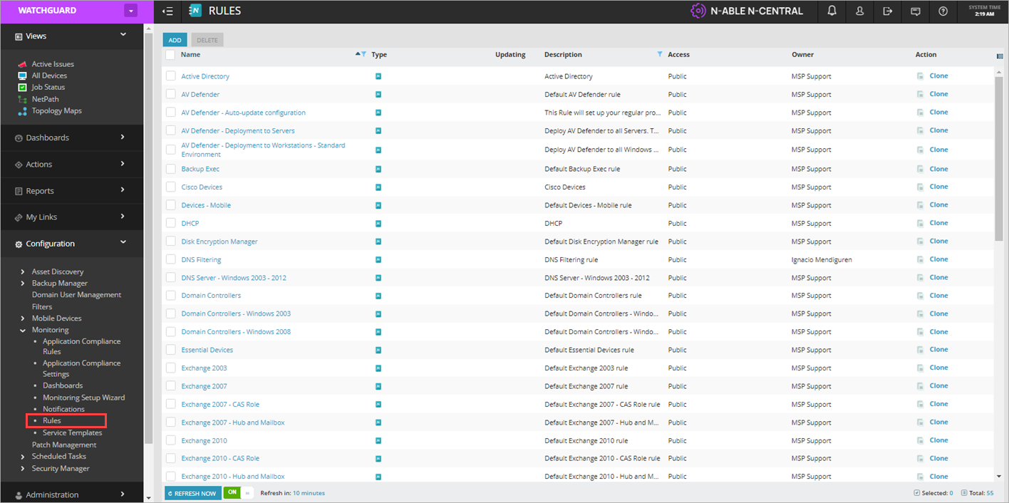 Screen shot of N-Central, Rules page