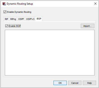 Screen shot of the Dynamic Routing Setup, BGP tab