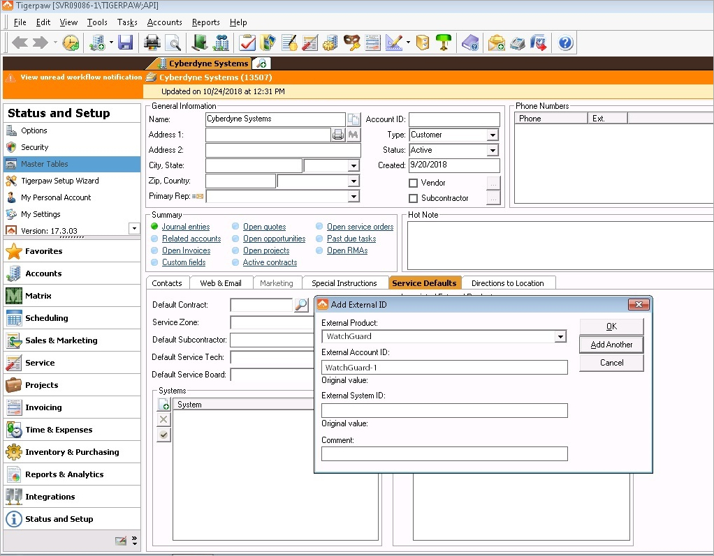 Screen shot of the External Product ID dialog box in the Tigerpaw account settings