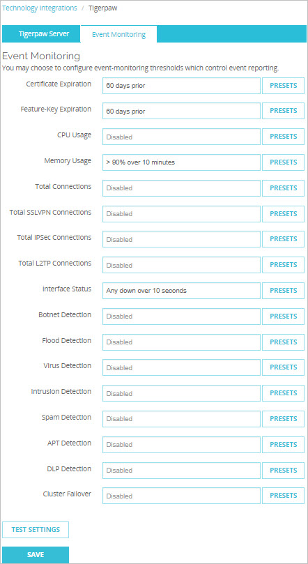 Screen shot of the Event Monitoring section of the Tigerpaw integration page