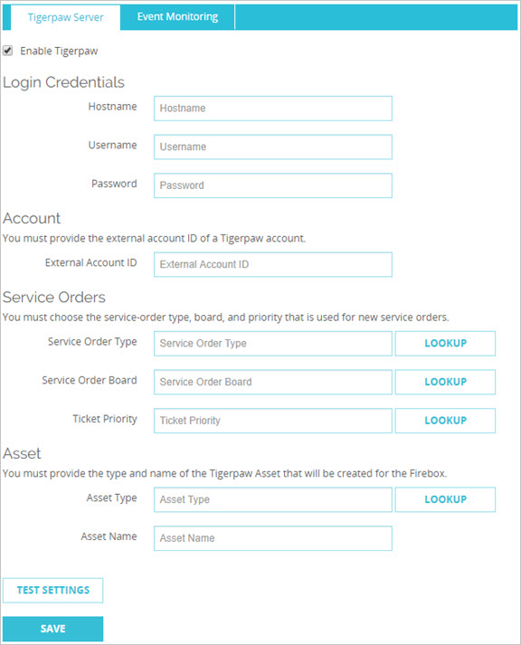 Screen shot of the Tigerpaw configuration page