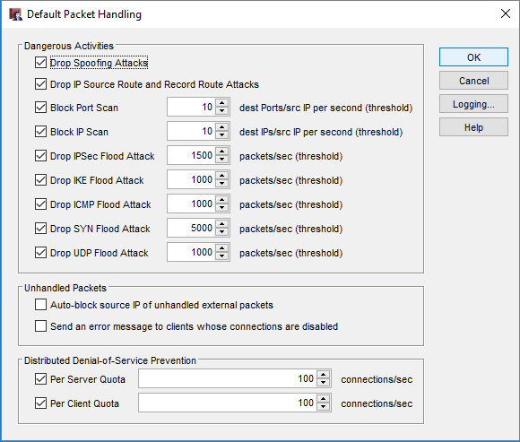 Screen shot of the Default Packet Handling dialog box