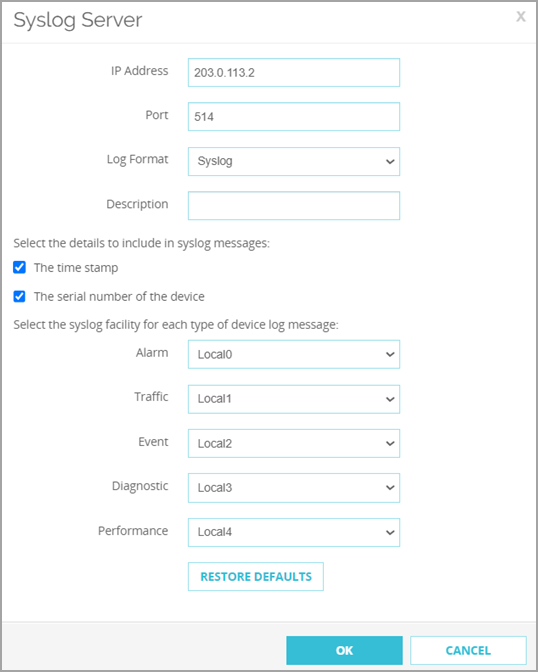 Screen shot of the Syslog Server settings