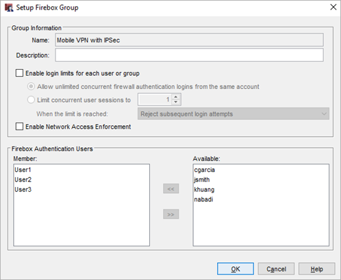 Screen shot of the Firebox Group dialog box