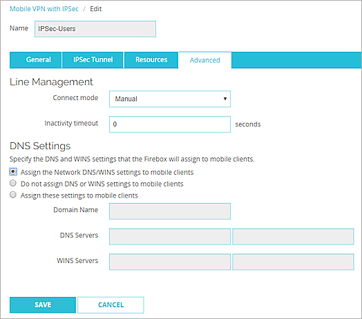 Screen shot of DNS settings for Mobile VPN with IPSec