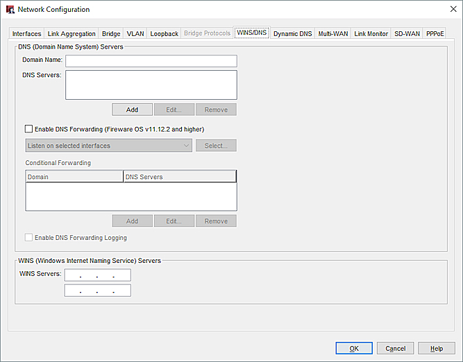 Screen shot of the WINS/DNS settings