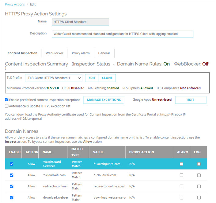 Screen shot of the Content Inspection settings in an HTTPS client proxy action in Fireware Web UI