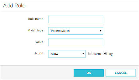 Screen shot of the Add Rule dialog box for a domain name rule in Fireware Web UI