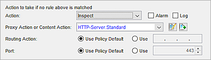 Screen shot of the Action to take if no rule above is matched settings in Policy Manager