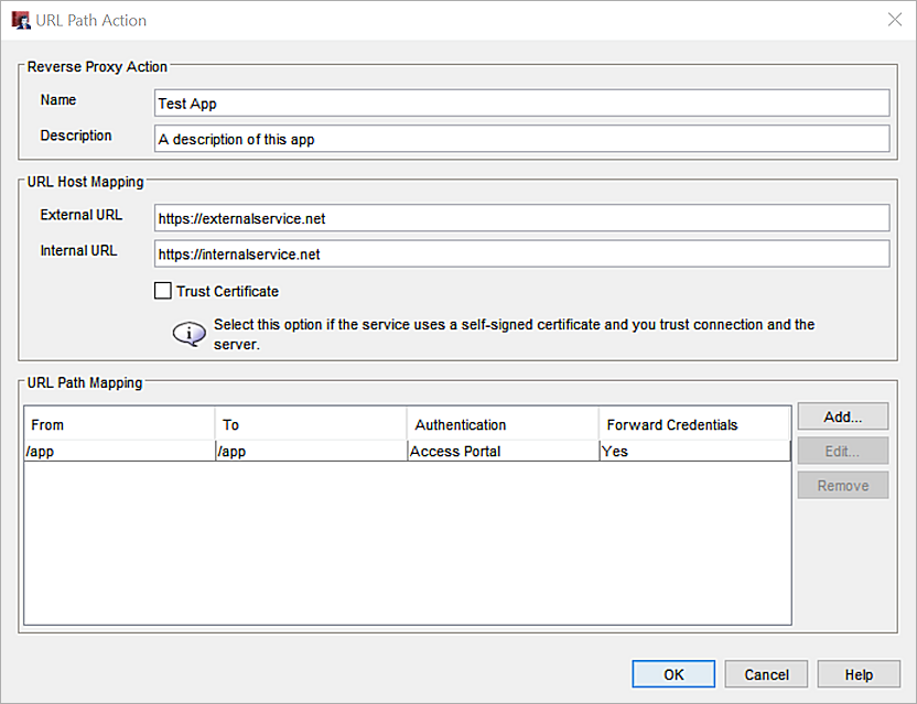 Screenshot that shows the URL Path Action page in the wizard with a URL Path Mapping added.