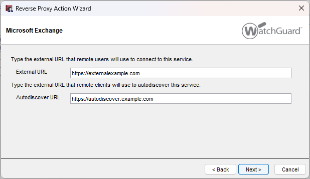 Screenshot that shows the external URL and autodiscover URL to use for Microsoft Exchange.