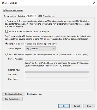 Screen shot of APT Blocker configuration - Advanced tab in Policy Manager