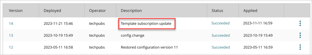 Screenshot of the Deployment History with a template subscription update