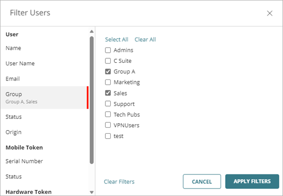 Screen shot of the Filter Users window.