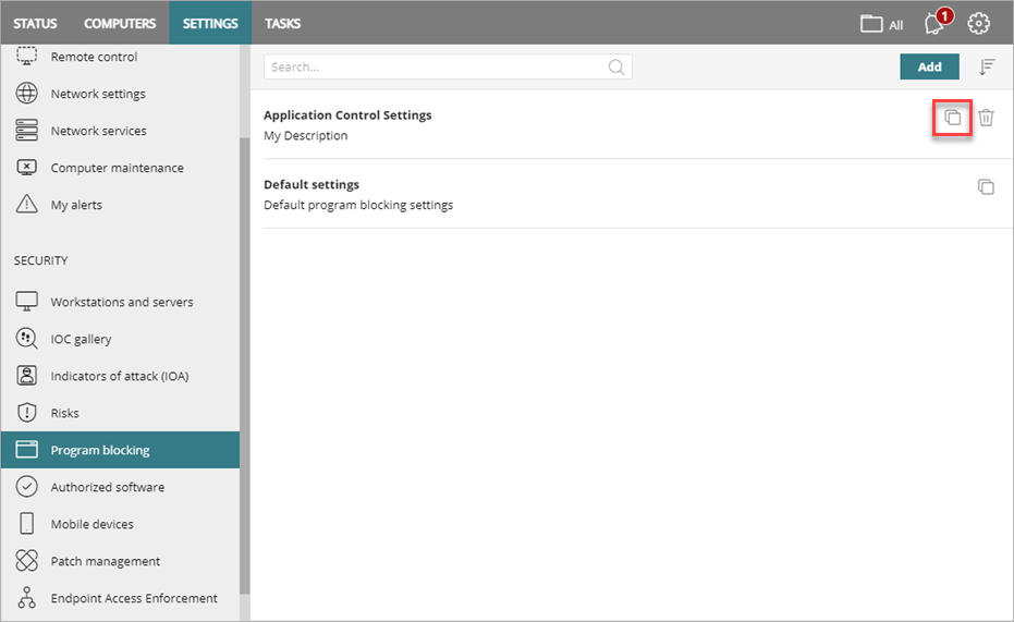 Screen shot of WatchGuard Endpoint Security, Copy settings profile