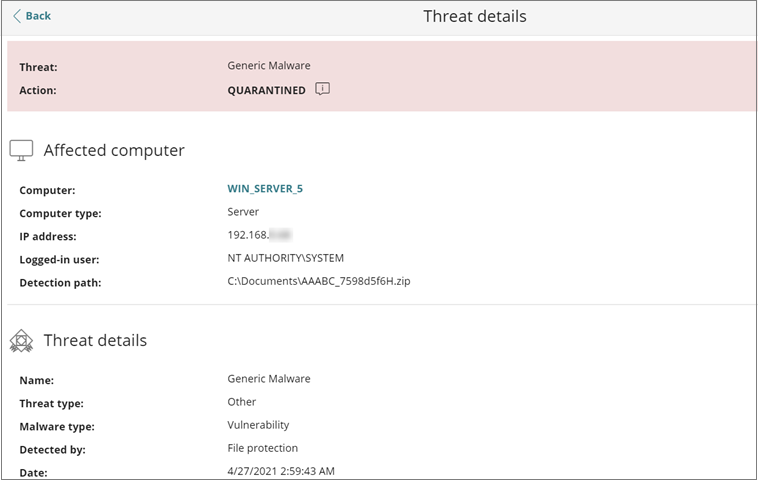 Screen shot of a task threat details page
