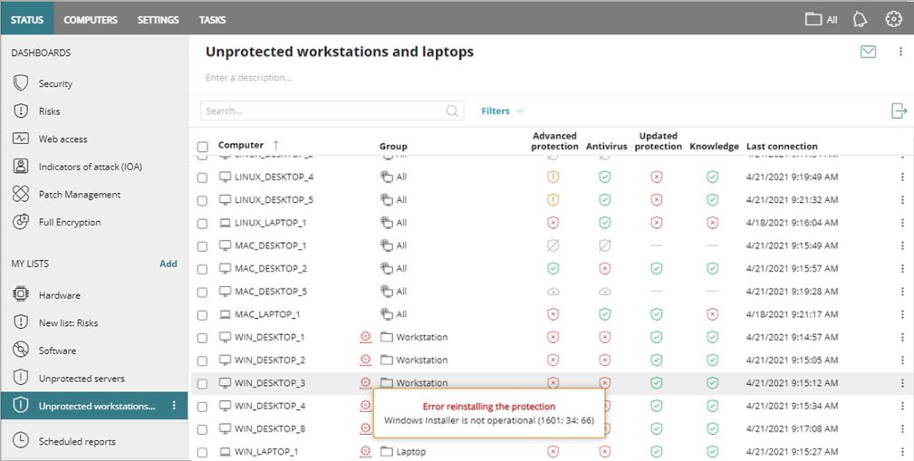 Screen shot of WatchGuard Endpoint Security, Unprotected Workstations and Laptops list