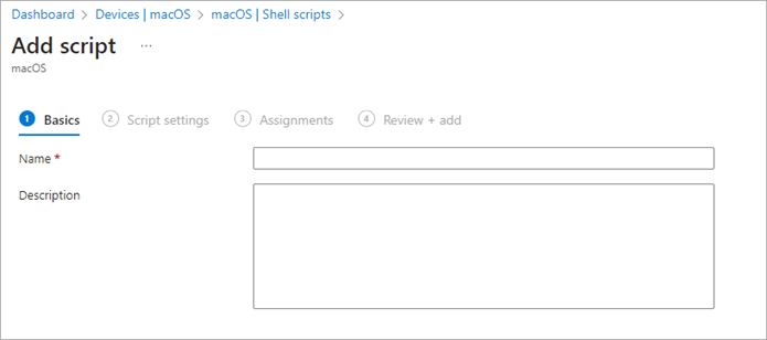 Screen shot of Intune Admin Center, Add Script Basics